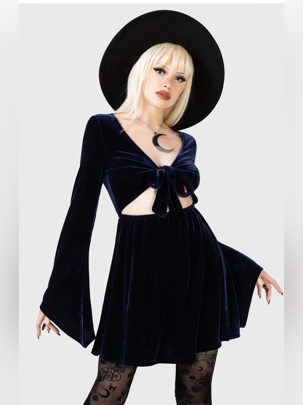 NWT Killstar Casseoperia’s Charm Navy Velvet Cutout Bell Sleeve Mini Dress, S